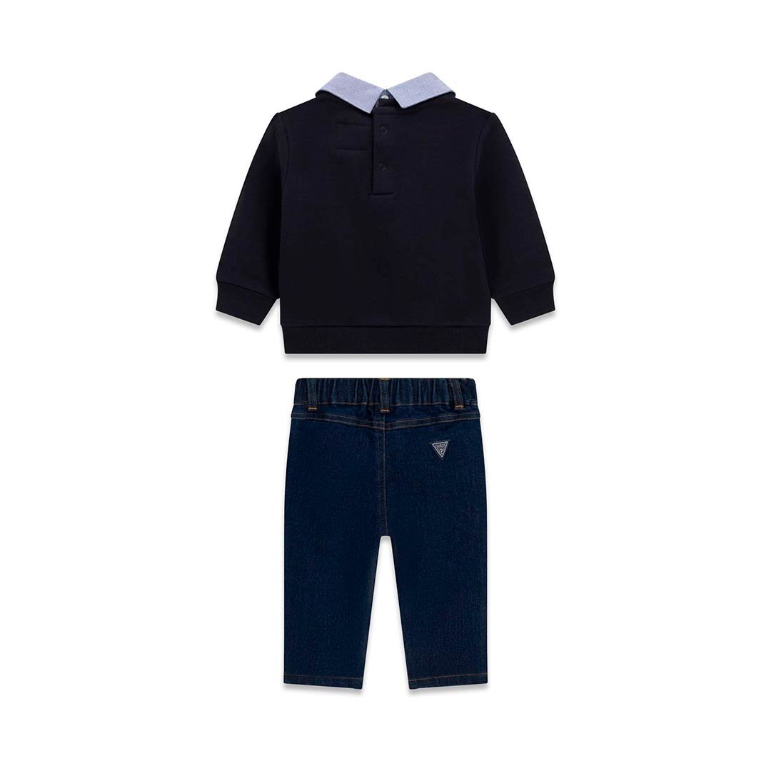 Conjunto bebé GUESS con sudadera de cuello camisero y osito y pantalón vaquero