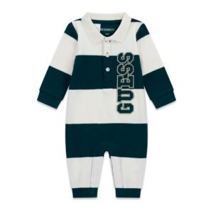 Pijama bebé GUESS enterizo con rayas horizontales, cuello de polo y logotipo bordado