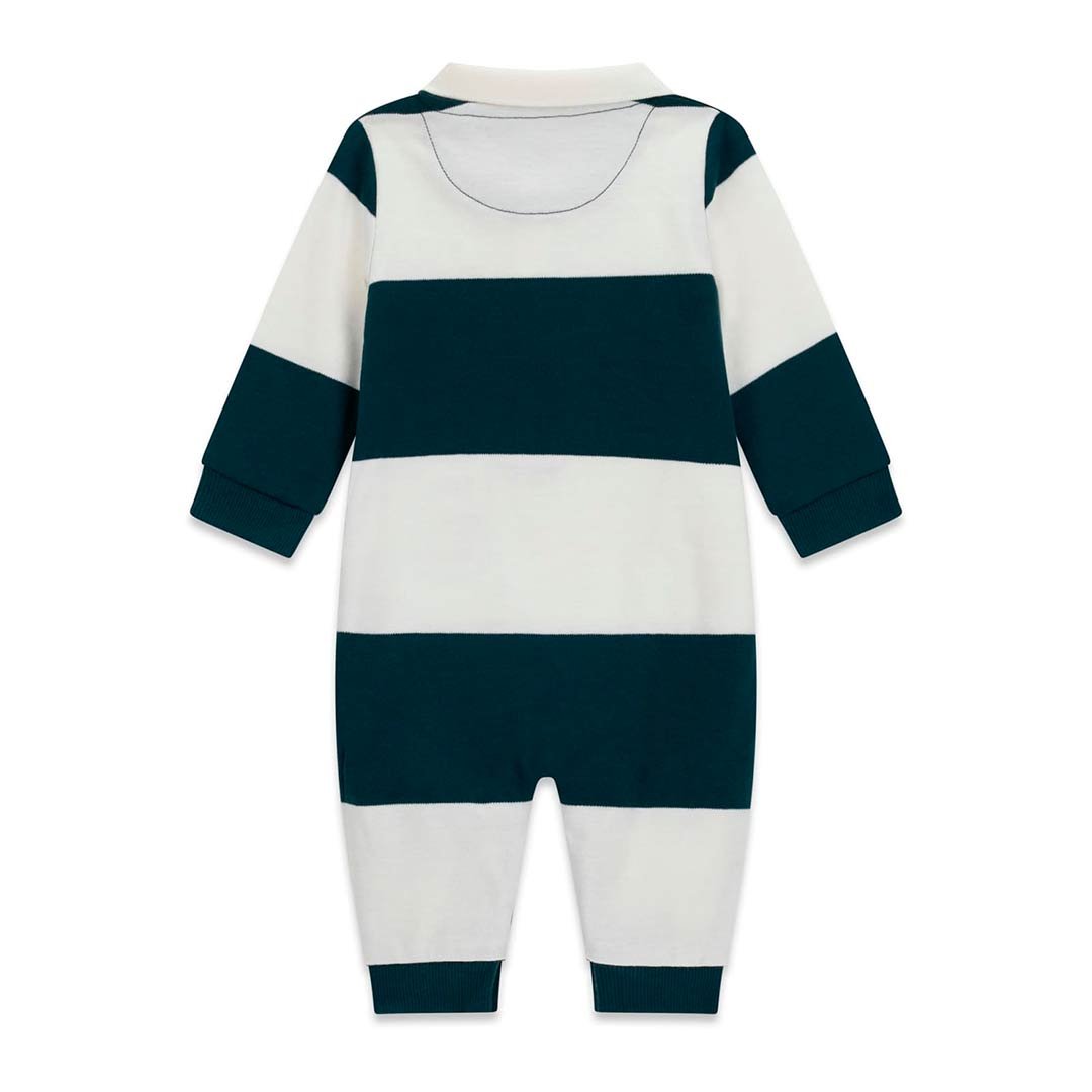 Pijama enterizo bebé GUESS estilo polo y rayas Pijama bebé GUESS enterizo con rayas horizontales, cuello de polo y logotipo bordado