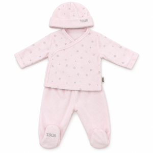 Pijama Glitter bebé TOUS de terciopelo con chaqueta cruzada, pantalón con pies y gorro