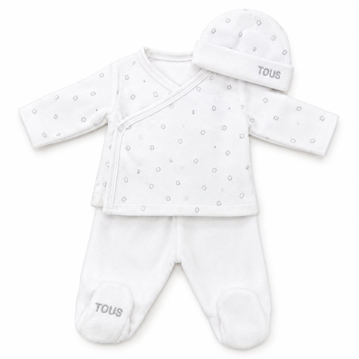 Pijama Glitter bebé TOUS de terciopelo con chaqueta cruzada, pantalón con pies y gorro