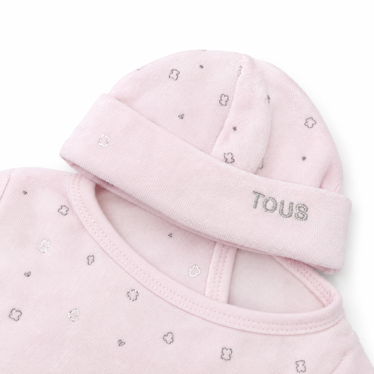 Pijama Glitter bebé TOUS de terciopelo con chaqueta cruzada, pantalón con pies y gorro