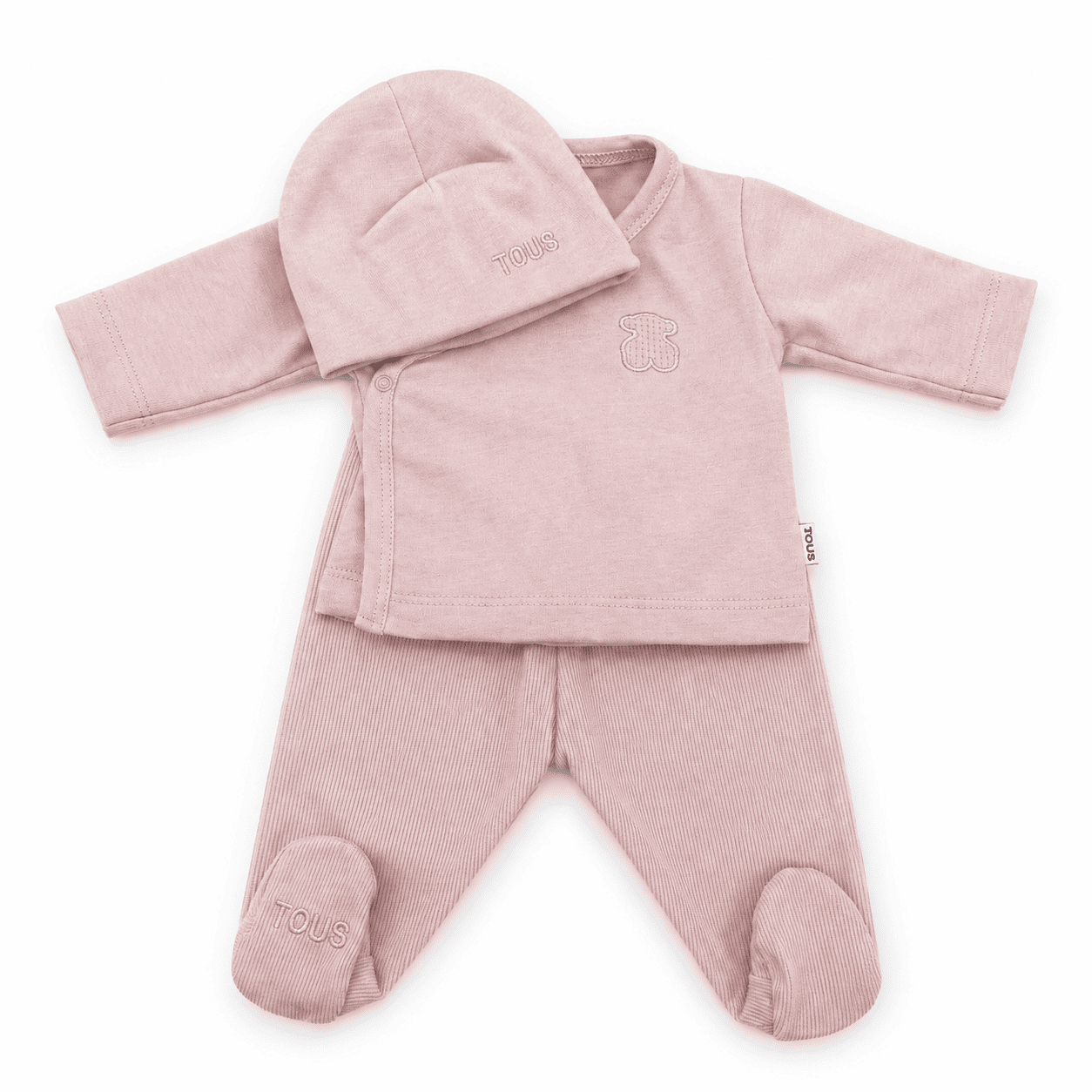 Set de pijama bebé TOUS con chaqueta cruzada, pantalón con pies integrados y gorro bordado