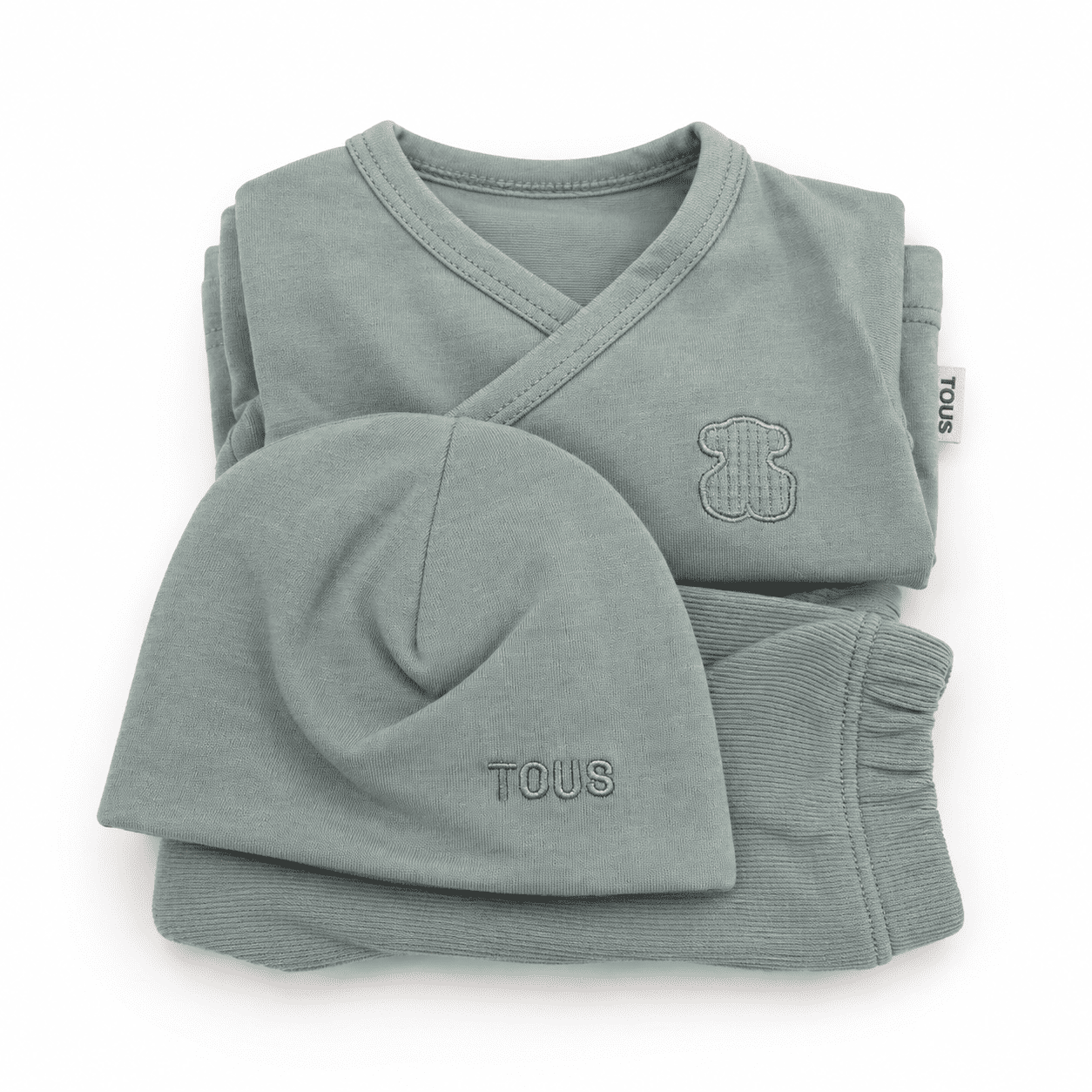 Set de pijama bebé TOUS con chaqueta cruzada, pantalón con pies integrados y gorro bordado